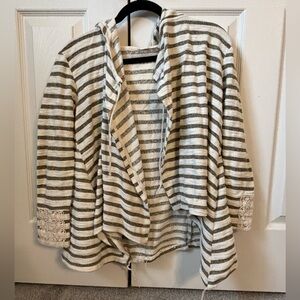 Entro Gray and White Striped Hooded Women's Cardigan